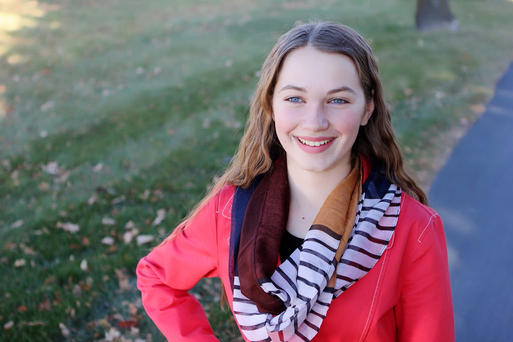 The Andrea Scarf - Navy, Brown and Golden block scarf